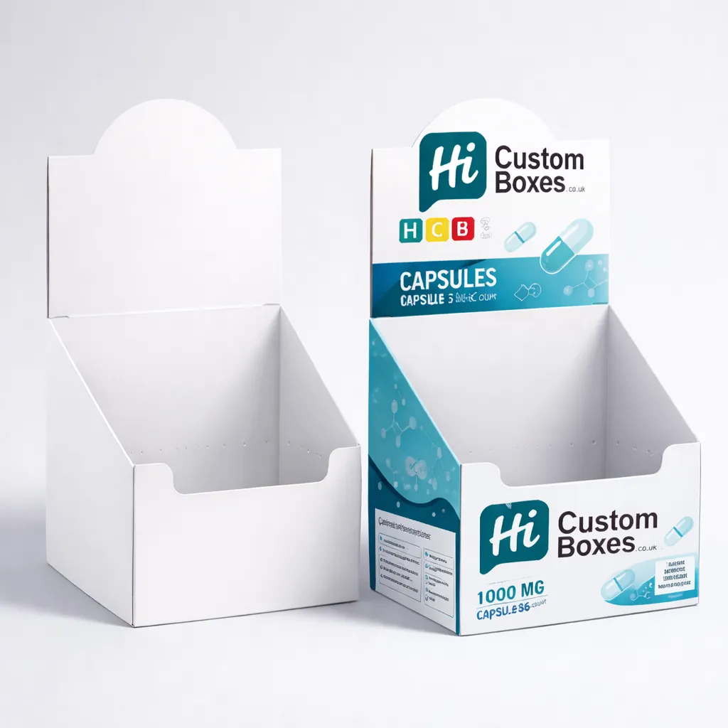Two open-top medicine cartons, showing one plain white and one with blue medical branding. class=